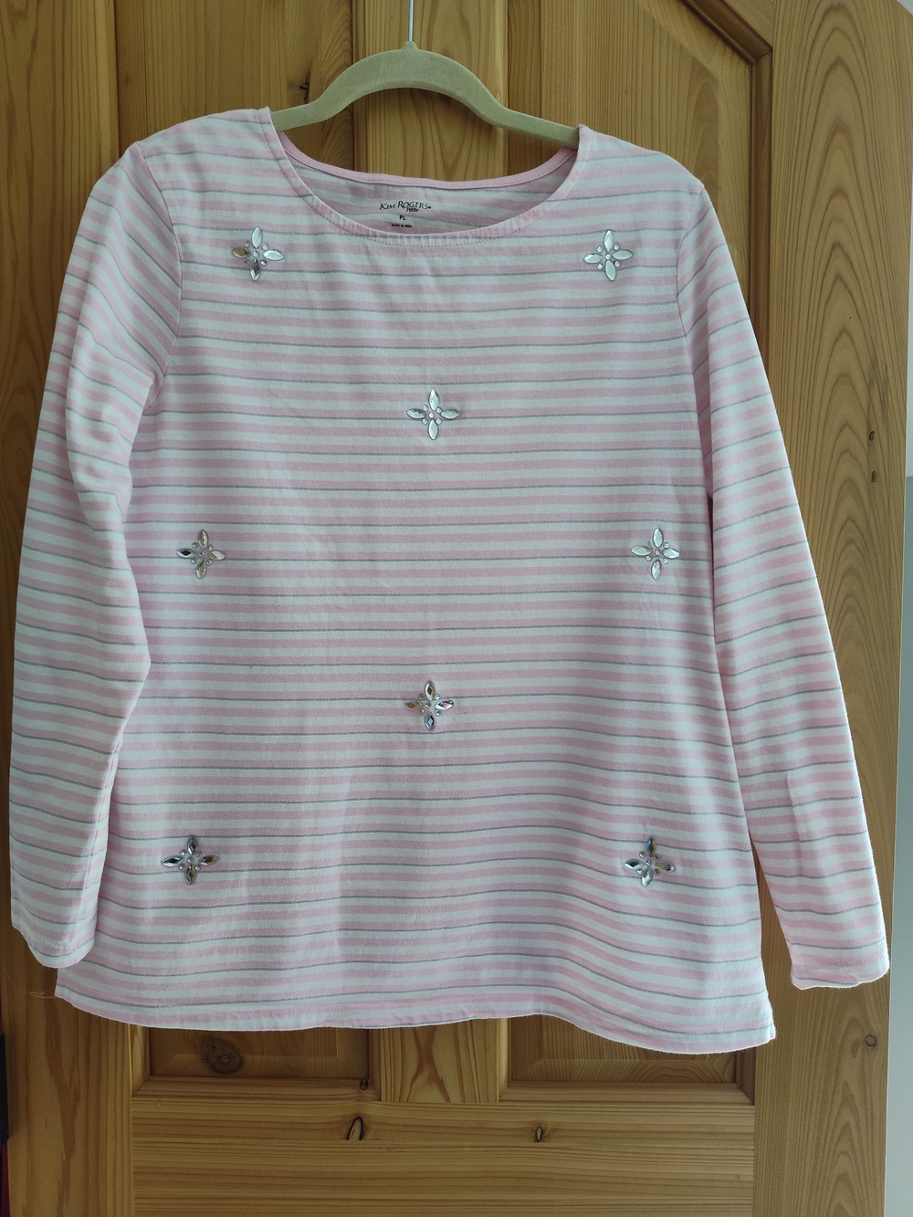 Kim Rogers Women's Long-Sleeve Jewel Stripe Top - Pink, Size PL